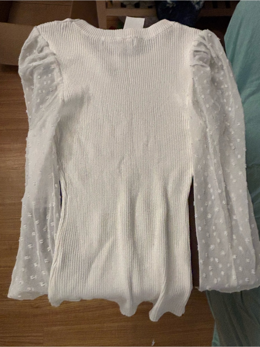 Madden Girl White Textured Ribbed Top with Dot-Pattern Sleeves - Picture 7 of 8